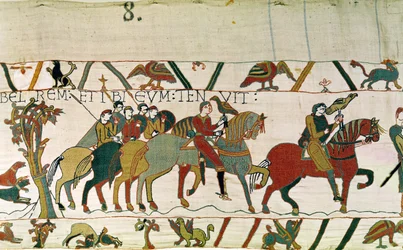 Greve Guy leder Harold till Beaurain där han håller honom, Bayeux Tapestry
